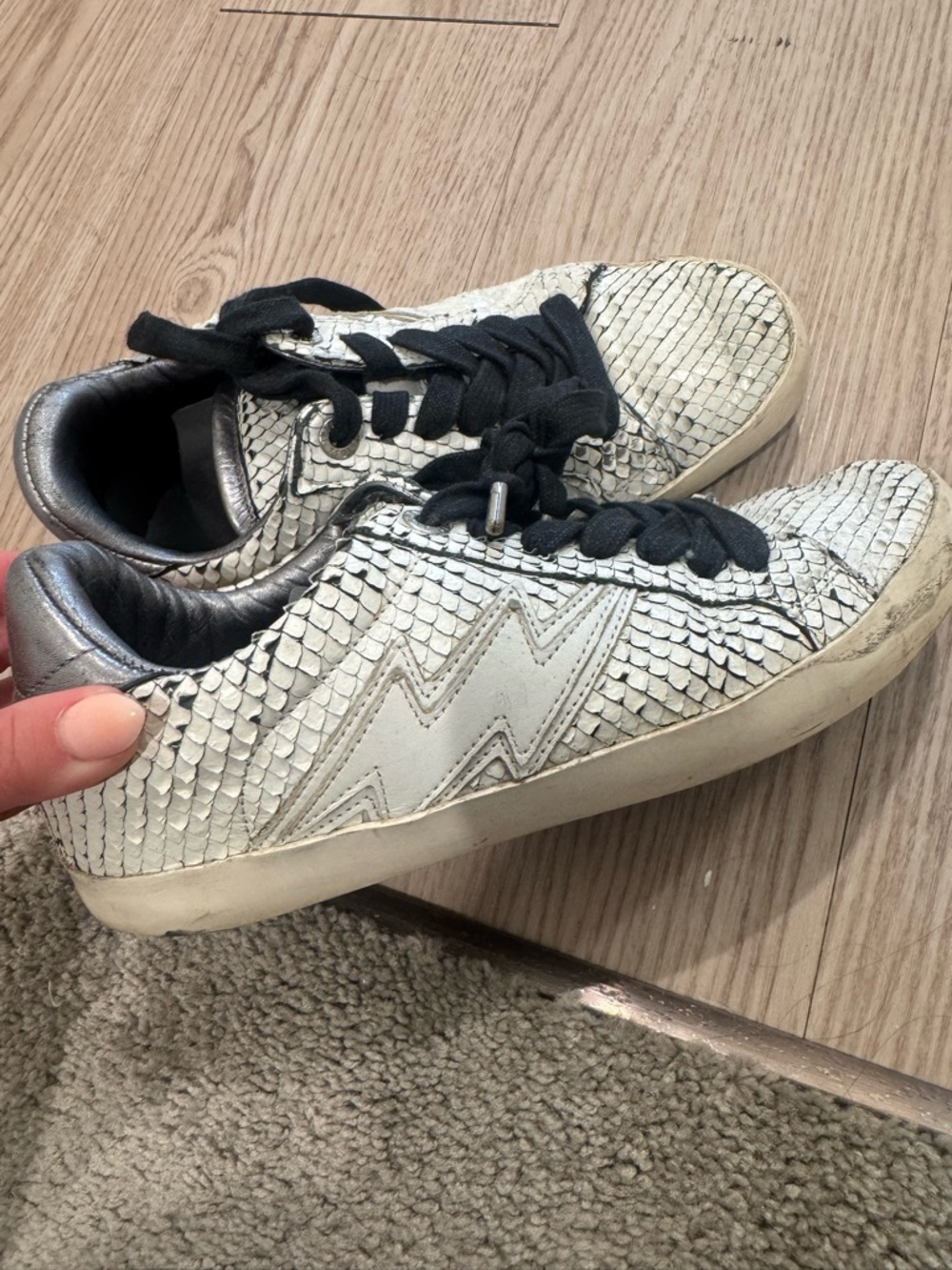 Zadig & Voltaire White Snake-Texture Casual Sneakers with Black Laces - Picture 2 of 5